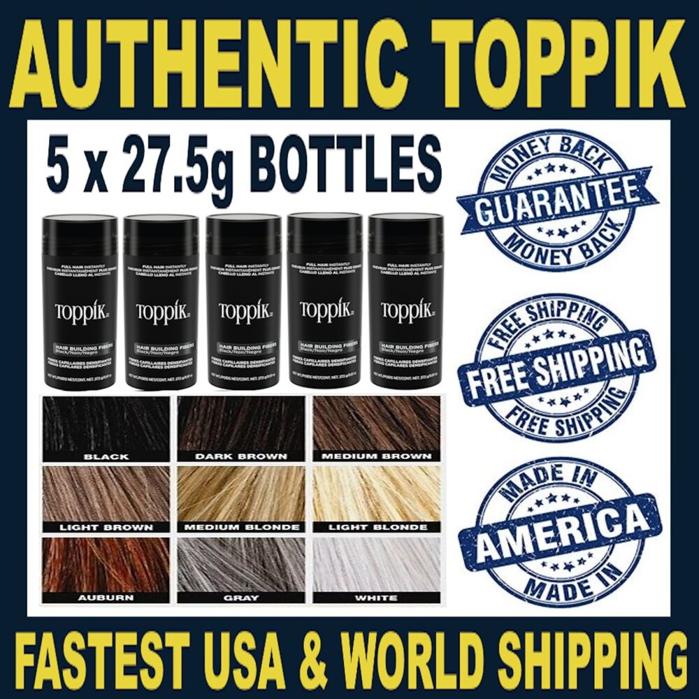 5 BOTTLES of TOPPIK 27.5g Hair Fibers, All Colors, 100% Authentic, Free Shipping